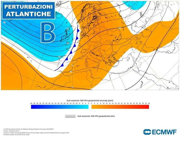Area di bassa pressione sul comparto atlantico: nuove perturbazioni verso l'Italia