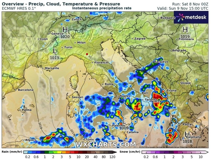 Le precipitazioni previste per le prossime ore