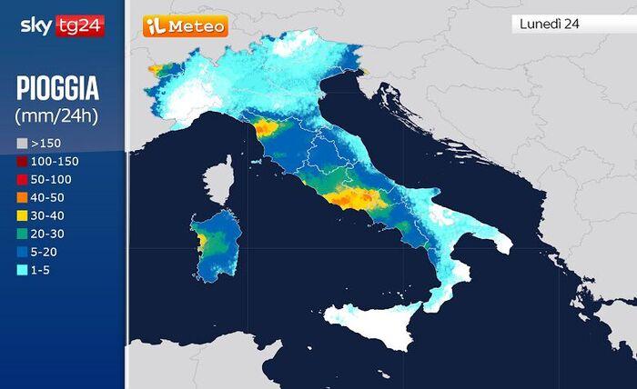 Precipitazioni previste per Lunedì 24 Novembre 2025
