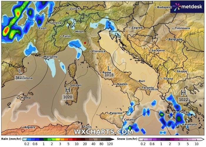 Le aree a rischio precipitazioni nelle prossime ore