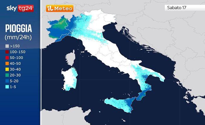 Le precipitazioni previste per Sabato 17 Gennaio