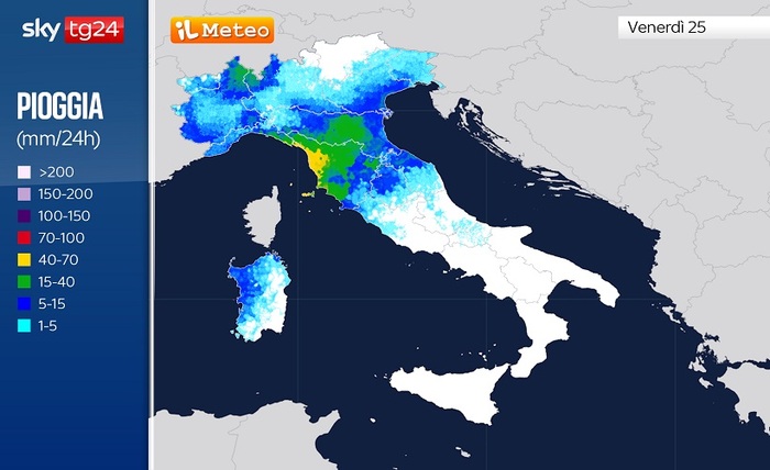 Le precipitazioni previste per la giornata di Venerdì 24 ottobre 2024