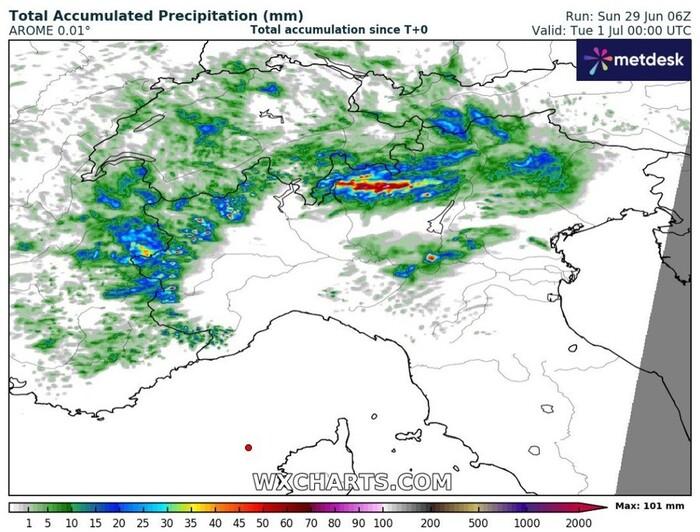Gli accumuli di pioggia previsti per Lunedì 30 Giugno