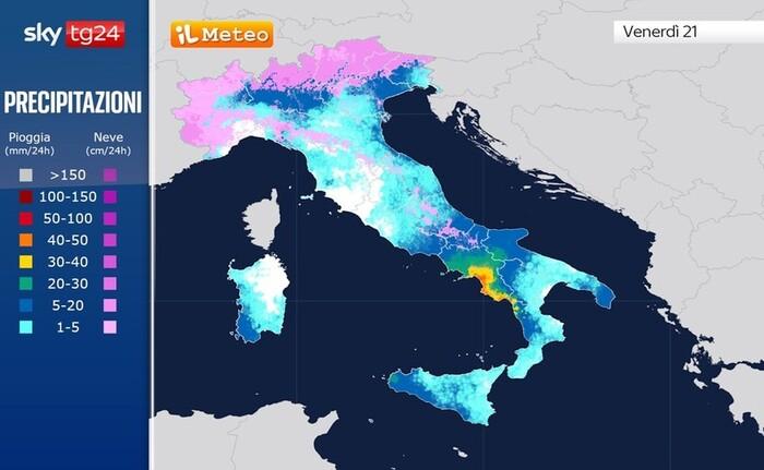 Piogge e nevicate previste sull'Italia