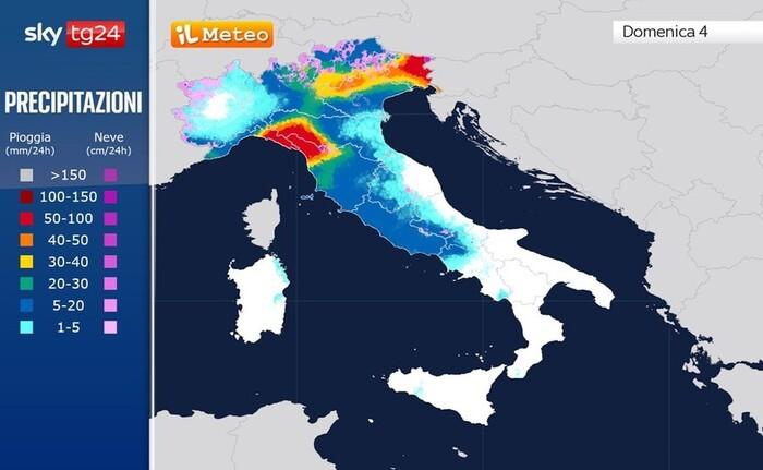Piogge e nevicate previste per Domenica 4 Gennaio