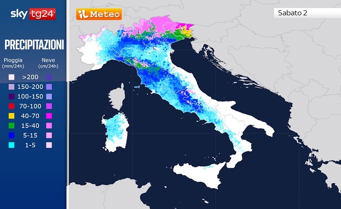 Le piogge e le nevicate previste per Sabato 2 Dicembre