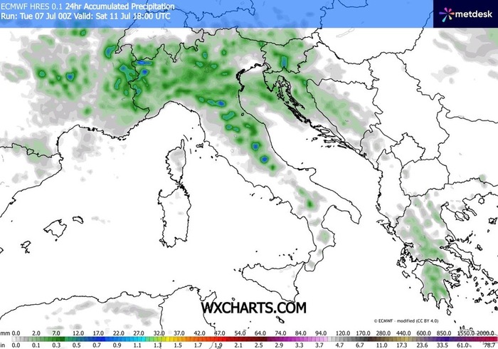 Le zone a rischio di forti rovesci temporaleschi nel corso di Sabato 11 Luglio