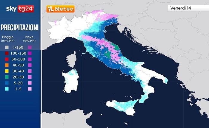 Le piogge e le nevicate previste per Venerdì 14 Febbraio 2025