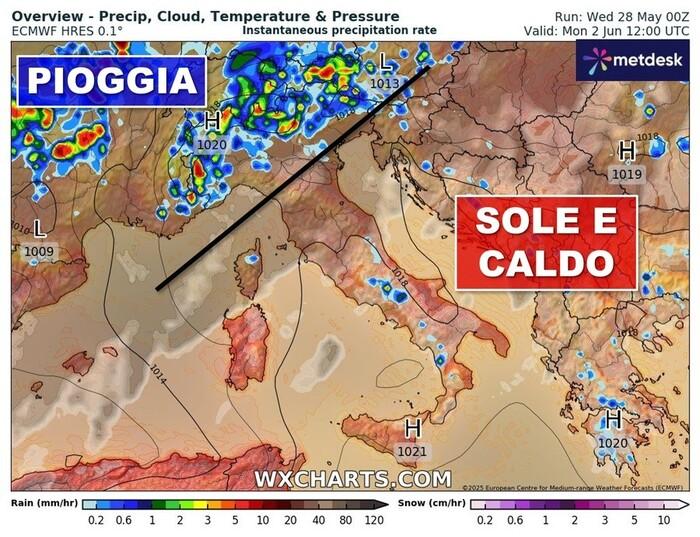 Italia divisa tra pioggia e sole/caldo per Lunedì 2 Giugno