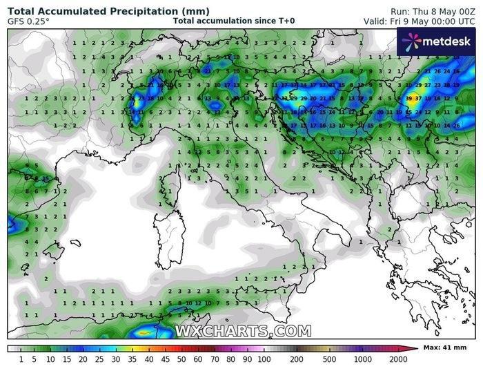 Le precipitazioni previste per Giovedì 8 Maggio