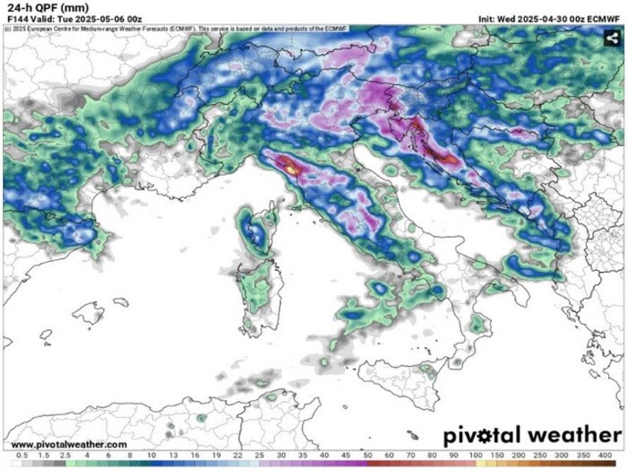 Le precipitazioni totali attese per Lunedì 5 Maggio