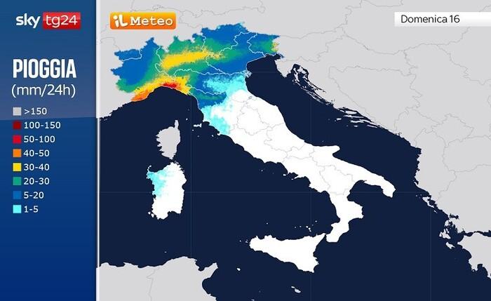 Gli accumuli di pioggia previsti per Domenica 16 Novembre 2025