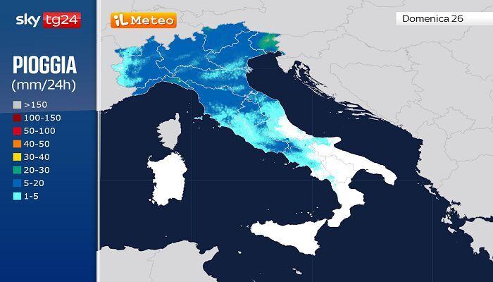 Le precipitazioni previste per la giornata di Domenica 26 Luglio 2026