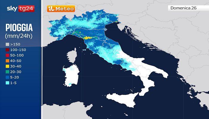 Gli accumuli di pioggia previsti per Domenica 26 Luglio