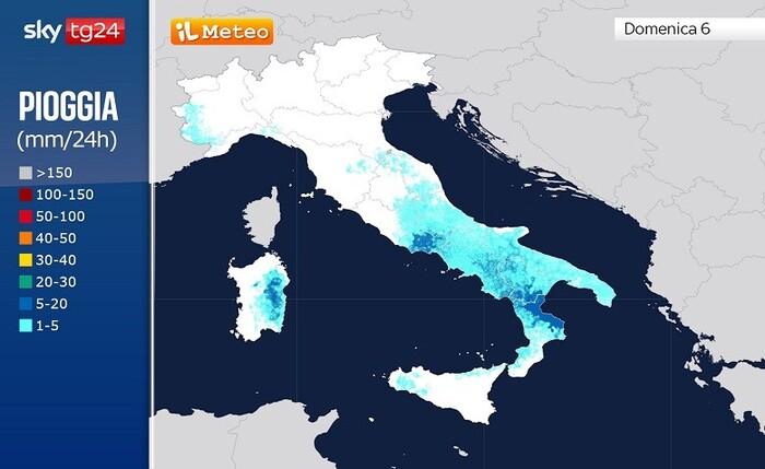 Le precipitazioni previste per Domenica 6 Aprile