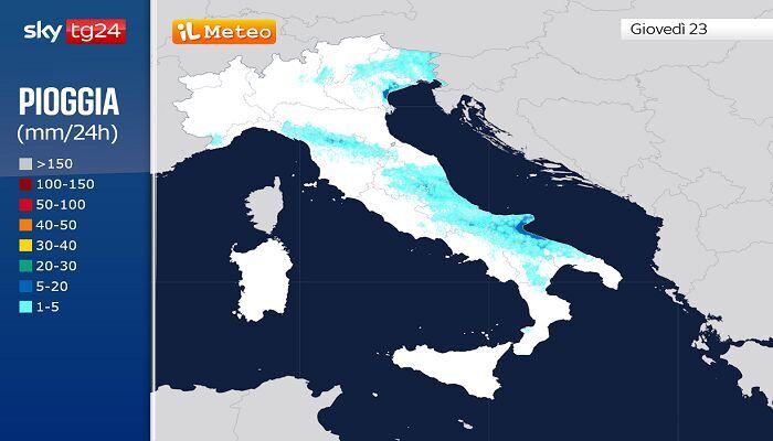 Le precipitazioni previste per la giornata di Giovedì 23 Luglio