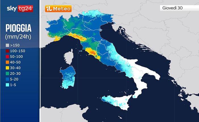 Accumuli di pioggia previsti per Giovedì 30 Ottobre