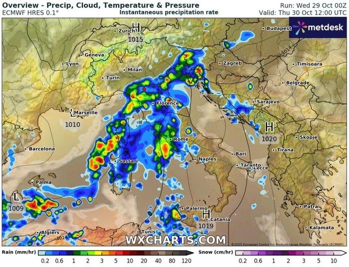 Accumuli di pioggia previsti per le ore centrali di Giovedì 30 Ottobre