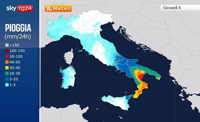 Le piogge previste per Giovedì 4 Dicembre