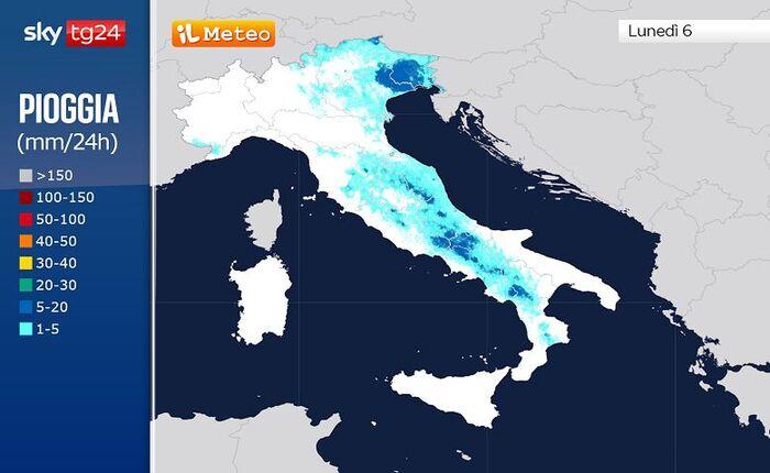 Le precipitazioni previste per Lunedì 6 Luglio