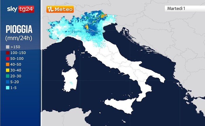 Le precipitazioni previste per Martedì 1 Luglio 2025