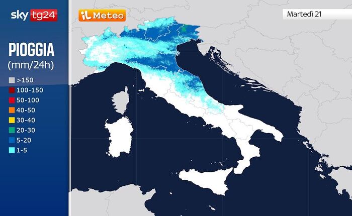 Le precipitazioni previste per la giornata di Martedì 21 Luglio