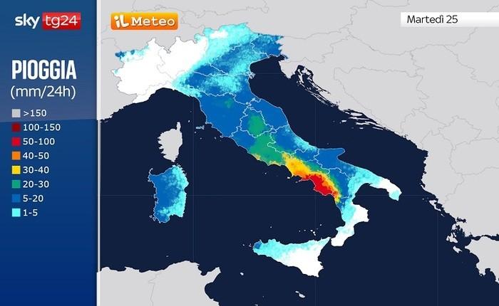 Le precipitazioni previste per Martedì 25 Novembre 2024