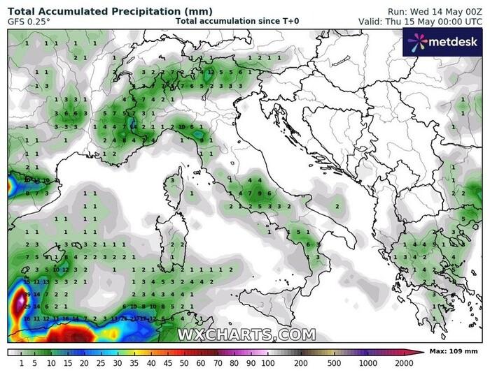 Le precipitazioni previste per Mercoledì 14 Maggio