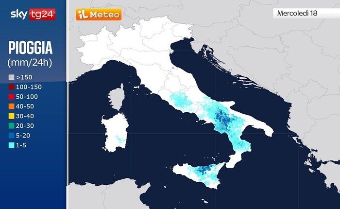 Le precipitazioni previste per Mercoledì 18 Giugno