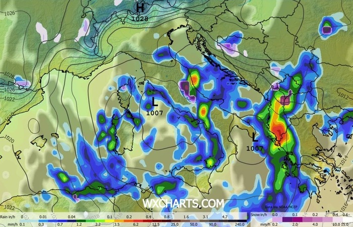 Le precipitazioni previste tra pomeriggio e sera di Mercoledì 26 Novembre