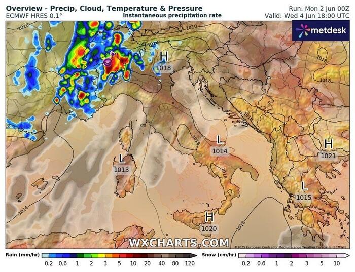 Le precipitazioni previsto pe ril pomeriggio di Mercoledì 4 Giugno