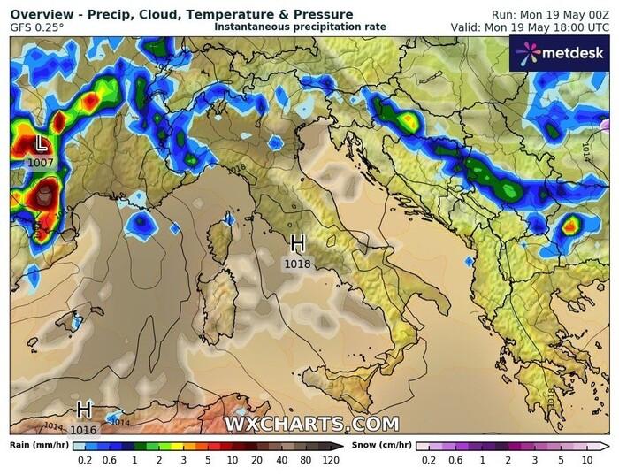 Le precipitazioni previste per il pomeriggio di Lunedì 19 Maggio