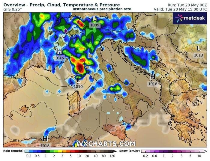 Le precipitazioni previste per il pomeriggio di Martedì 20 Maggio