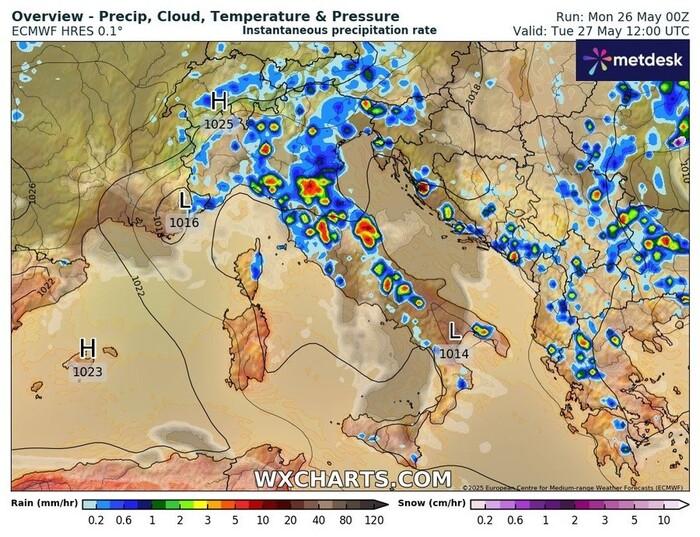 Le precipitazioni previste per Martedì 27 Maggio