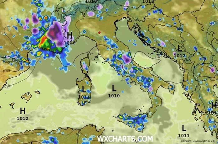 Le precipitazioni previste perle ore centrali di Domenica 22 marzo
