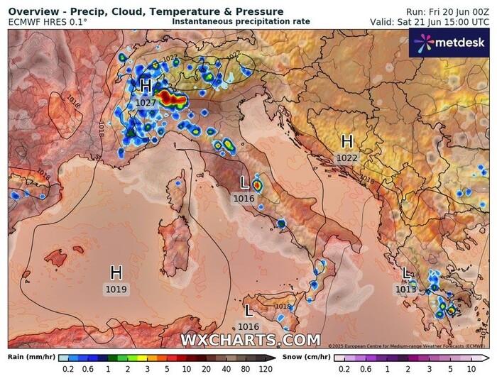 Le aree a rischio pioggia e temporali per la giornata di Sabato 21 Giugno
