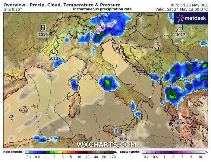 Le precipitazioni previste per le ore centrali di Sabato 24 Maggio
