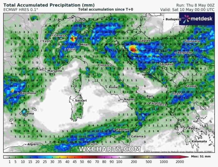 Le precipitazioni previste per Venerdì 9 Maggio