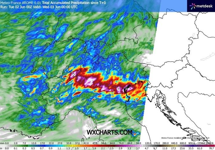 La mappa con le zone a rischio temporali e grandine per Martedì 2 Maggio