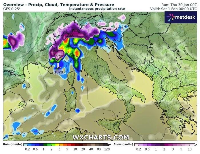 Le precipitazioni previste per Venerdì 31 Gennaio