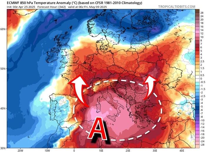 Bolla d'aria molto calda in risalita dal Nord Africa verso l'Italia