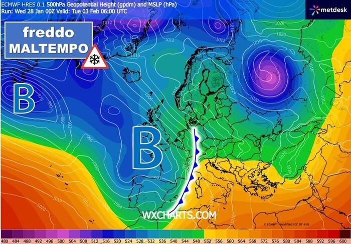 Vasta area di bassa pressione dall'oceano Atlantico fino al cuore dell'Europa e del Mediterraneo