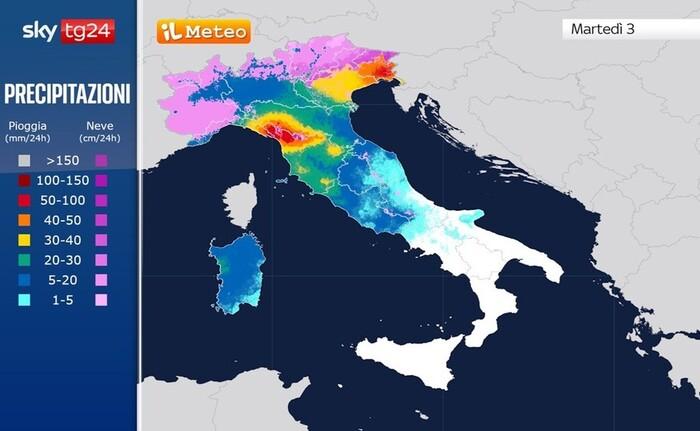 Piogge e nevicate previste per Martedì 3 Febbraio