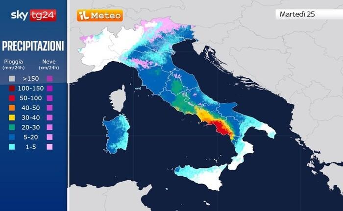 Piogge e nevicate previste per Martedì 25 Novembre 2024