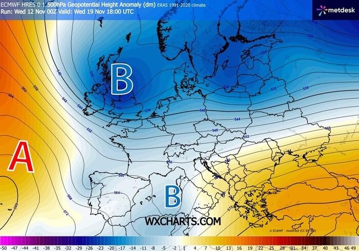 Vasta area di bassa pressione dal Nord Europa fino al bacino del Mediterraneo