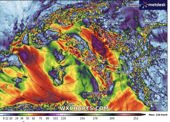 Raffiche di vento sopra i 100 km/h tra il 16 e 17 aprile