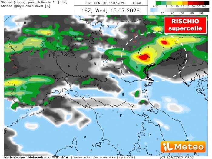 Le zone a rischio supercelle Mercoledì 15 Luglio: occhi puntati su Veneto e Friuli Venezia Giulia