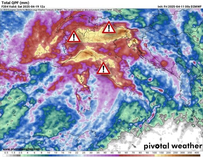 Precipitazioni totali previste per la prossima settimana: oltre 150 l/mq su molte regioni
