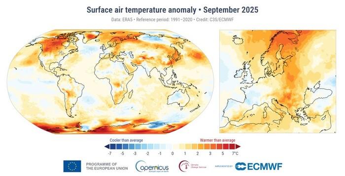 Settembre 2025: anomalia di temperature a livello globale ed europeo