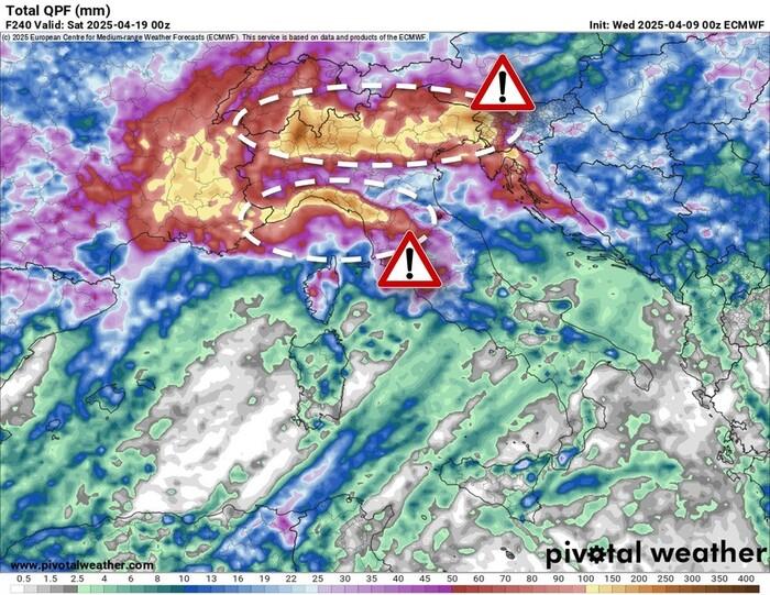 Precipitazioni totali previste per la prossima settimana: oltre 100/150 l/mq su molte regioni